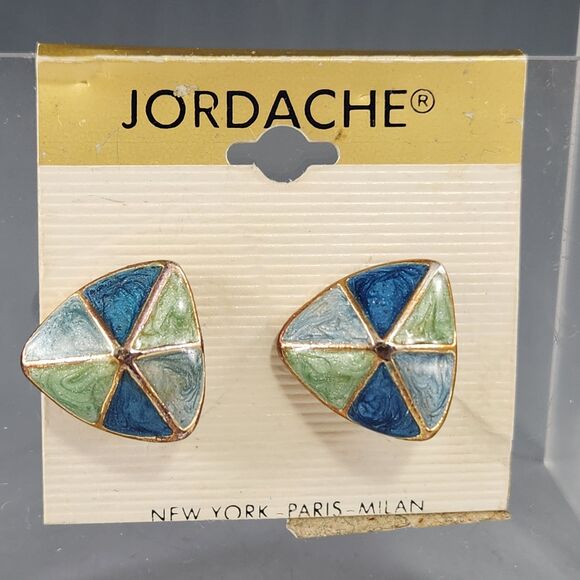 Jordache 1980s Clip On Earrings Blue Green & Aqua Enamel Triangle Shape New VTG - Picture 2 of 8